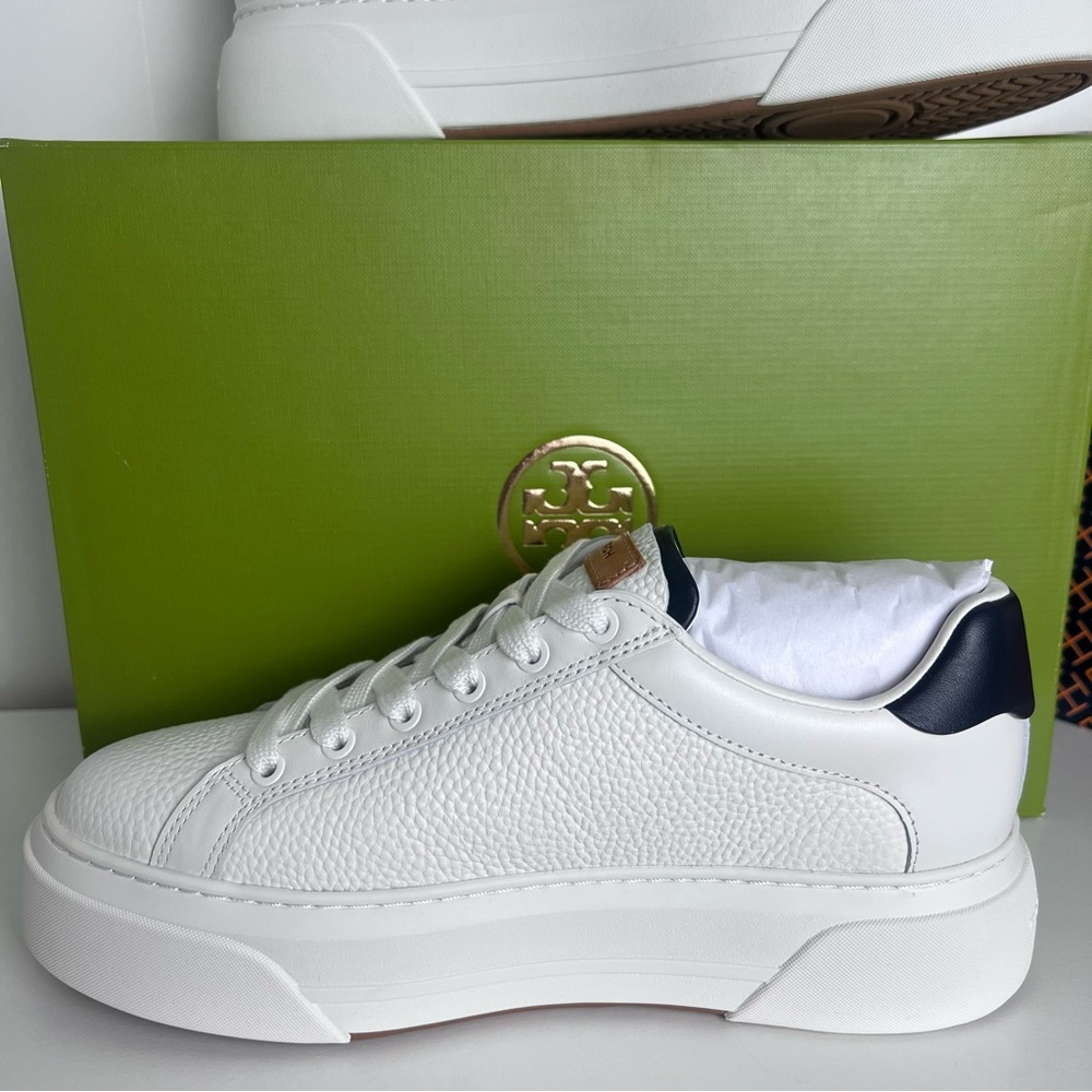 Tory Burch White and Navy Leather Sneakers - Picture 9 of 16